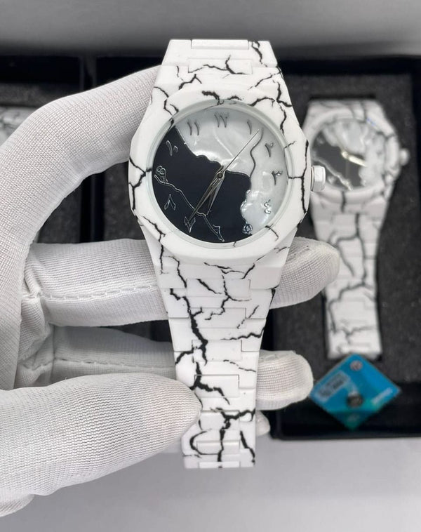 White Aura Marble Chain Watch with Fiber Material & Butterfly Lock