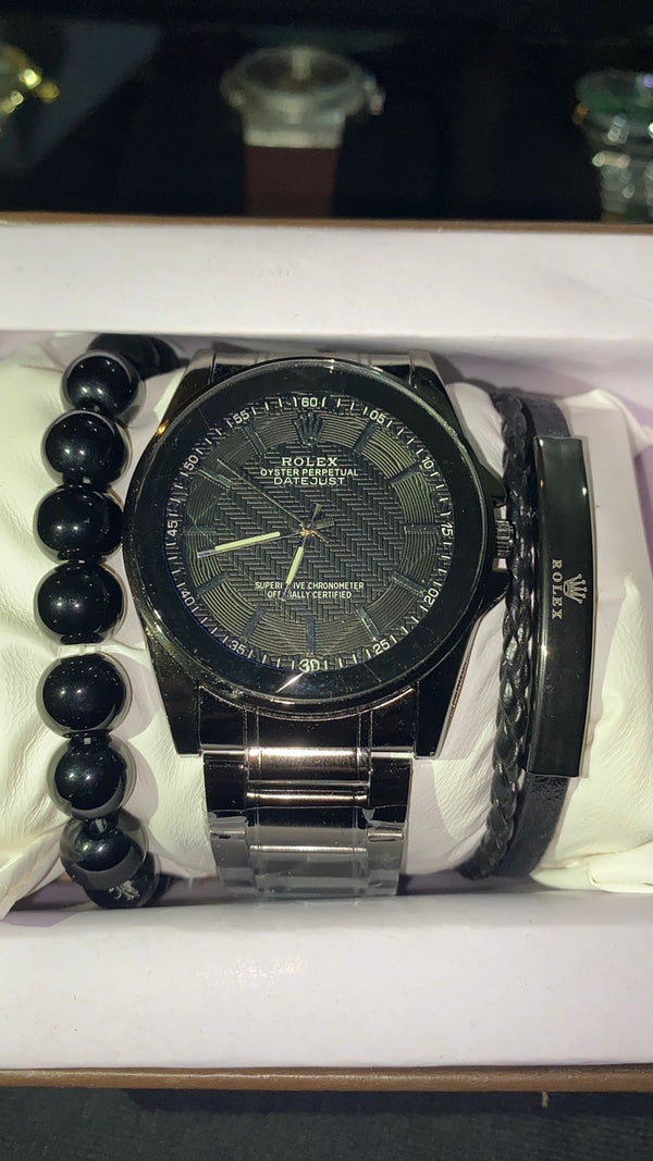 PREMIUM BLACK WATCH WITH ROLEX BRANDING + ROLEX BRECLAT + 1 OTHER BLACK BRECLAT SET